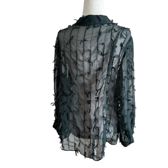 ARA Green Olive FRINGED SHIRT Semi-sheer Collared Long Sleeve Size Small - Picture 3 of 10
